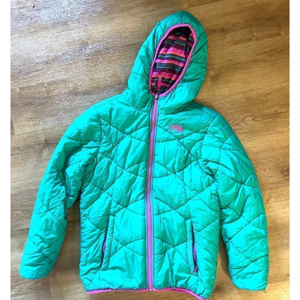The North Face Moondoggy Green Pink Trim Reverisble Hooded Girl’s Jacket Size XL